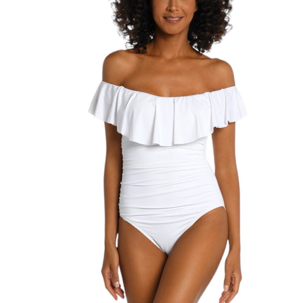New Women’s La Blanca Island Goddess Off Shoulder Ruffle One Piece Size 4